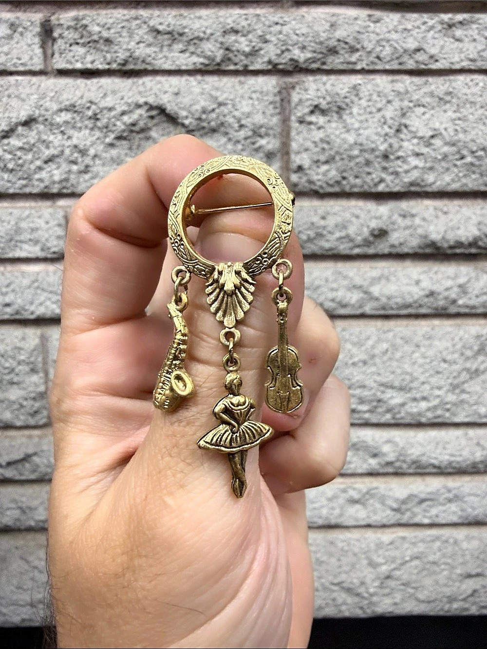 Gold-Tone Ornate Charm Brooch